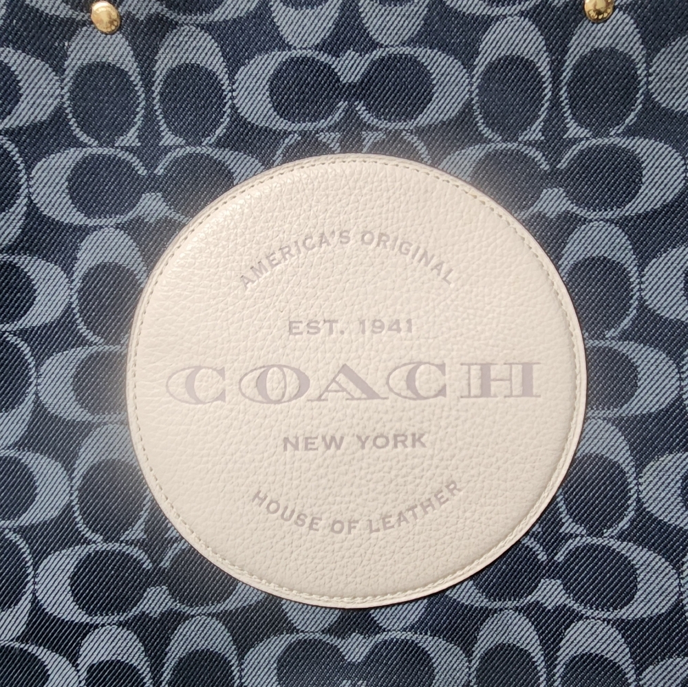 Coach Dark Blue Denim Tote Bag With White Coach Leather Emblem - Picture 6 of 6